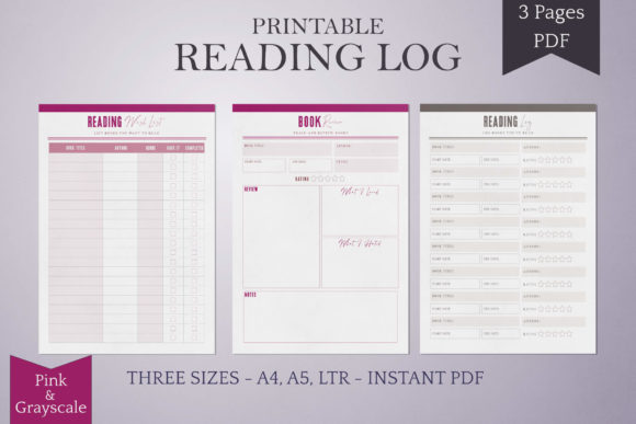 Reading Log Printables: Pink Grayscale Guide